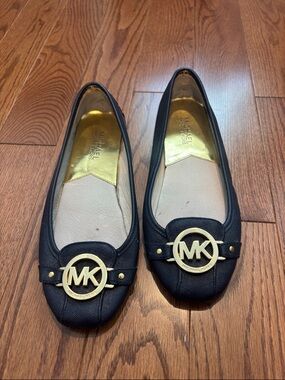 Michael Kors Navy Blue Leather MK Logo Round-Toe Flats with Gold Hardware
